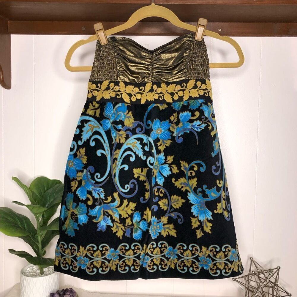 Free People Womens Lost in Paradise Velvet Gold Bodice Dress Black Blue Size 2